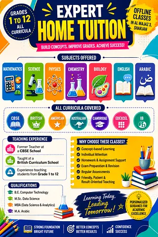 Grade 1–12 Home Tuition | Math | Science | Physics | Chemistry | Biology | English | Arabic