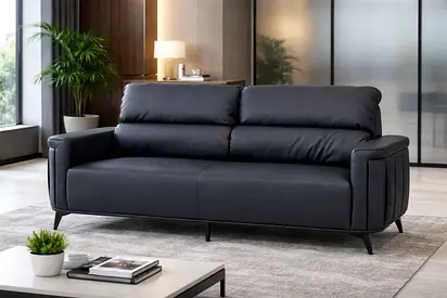 Modern 3 Seater Black Office Sofa - PU Leather Reception Sofa For Waiting Area