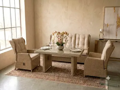 Beige Wicker outdoor chair Dining Set with Cushioned Chairs and Glass Top Table