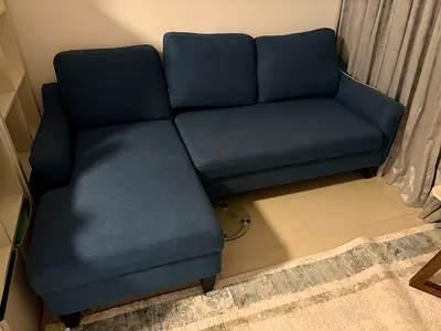 Blue fabric 3-seater sofa bed with chaise, good condition Right-L shaped