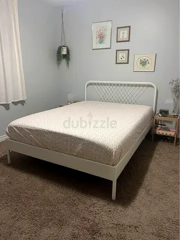 White Metal Double Bed Frame with Headboard and mattress