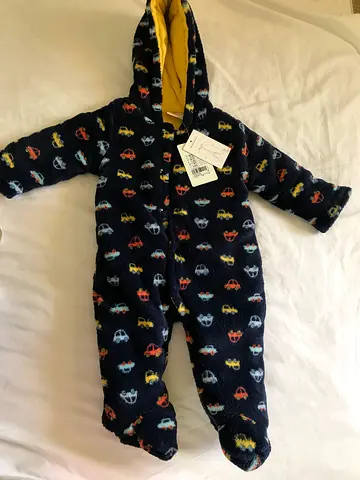 Warm fleece hooded baby romper with footed legs, size newborn/0-3m