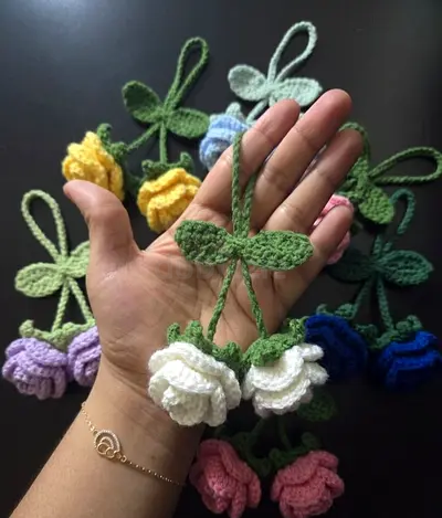​Crochet Flower Bag Charm | Handmade Rose Keychain  Rearview Mirror Decor
