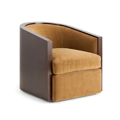 Modern Barrel Armchair with Wooden Frame and Camel Upholstery hand made in dubai