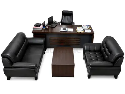 Executive Office Desk Set with Leather Sofas and Coffee Table - Dark Wood COMPLETE OFFICE SETUP