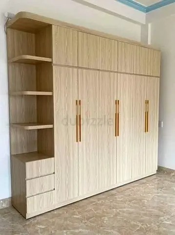 Large Light-Wood 4-Door Wardrobe with Open Shelves and Drawers