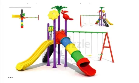 Outdoor childrens playground set with slide, tunnel and swings