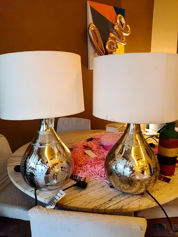 Pair of Silver Mercury Glass Table Lamps with White Shades