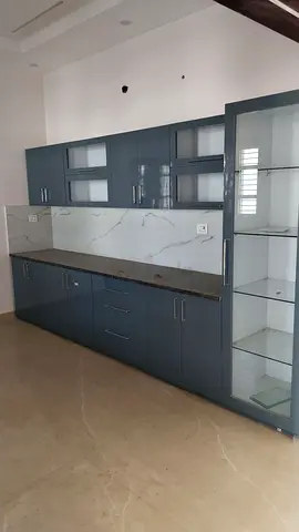 Modern grey kitchen cabinets with glass display unit - excellent condition