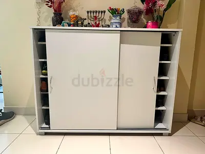 White Sliding Door Shoe Cabinet with Side Shelves - Good Condition Shoe Rack
