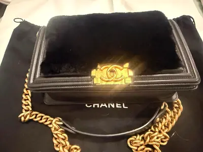 Chanel Black Orlyag Fur and Leather Small Boy Bag