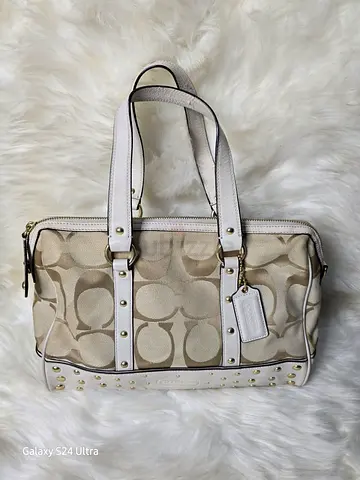 Coach Signature Canvas Tote Bag with Leather Trim - Beige/White