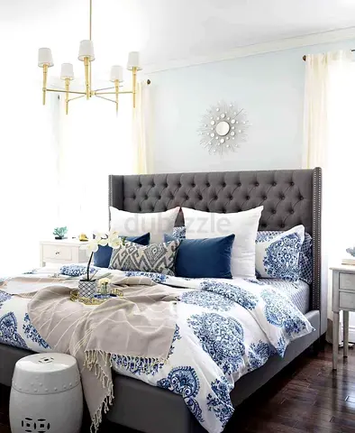 Grey Upholstered Tufted King Bed Frame with Winged Headboard