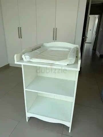 White Wooden Baby Changing Table with Pad and Shelves