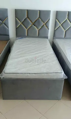 Single Grey Upholstered Bed with Padded Headboard (Like New)