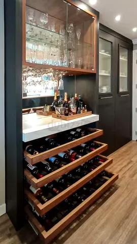 Built-in Wine Storage Cabinet with Glass Rack and Pull-Out Wine Drawers
