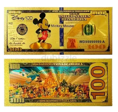 Disney 100 Gold Novelty $100 Collectible Note featuring Mickey Mouse (Pair - Front  Back)