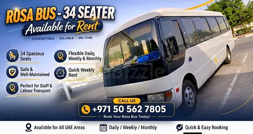 🚌 Reliable Staff Labor Transport: 34-Seater Rosa Bus for Rent in Dubai