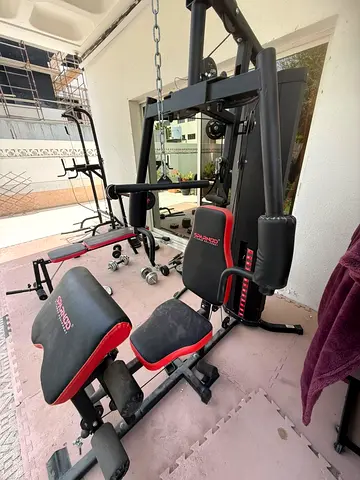 Home multi-gym station with adjustable bench and weights