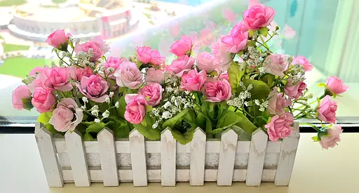 Wooden Window Box Planter with Pink Artificial Roses