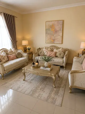Elegant Cream and Gold Living Room Sofa Set with Coffee Table and Rug