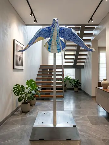 Blue Decorative Flying Turtle Sculpture on Metal Stand
