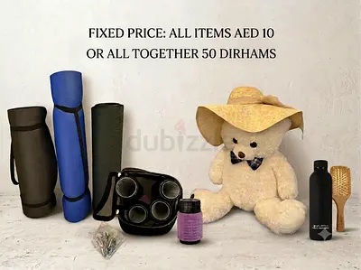 teddy bear, yoga mats, binoculars, bottle (Each AED 10 or all AED 50