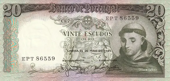 PORTUGAL 20 ESCUDOS BANKNOTE 1964