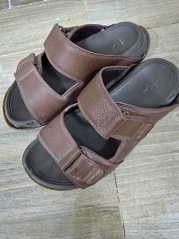 Brown leather mens sandals - comfortable casual slides, size visible in photos