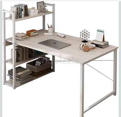 L-shaped Study Desk with Built-in Shelves - White Oak Finish