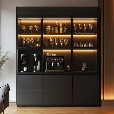 Modern Black Display Cabinet with LED Shelves — Bar/Storage Unit