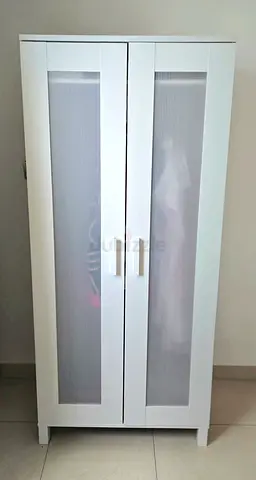 White Wardrobe / Storage Cabinet with Frosted Panel Doors
