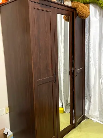 Dark Wood 3-Door Wardrobe with Mirror - Good Condition
