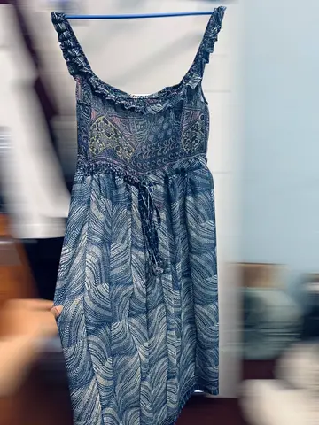 Blue patterned summer dress, size likely S/M