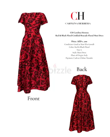 Carolina Herrera Red Black Floral Crinkled Brocade Flared Maxi Dress - Size L