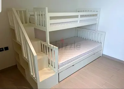 White Wooden Bunk Bed with Staircase, Trundle Mattresses - Good Condition