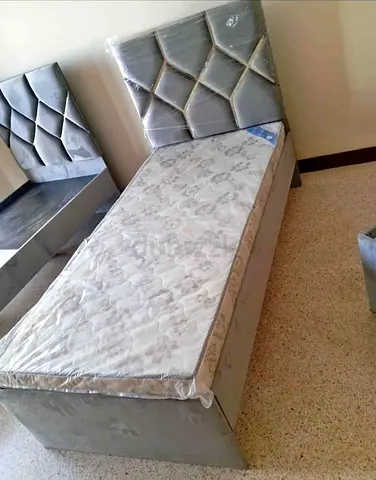 Single bed with mattress and padded headboard - grey