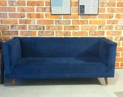 Three-Seater Blue Velvet Sofa with Wooden Legs - Good Condition