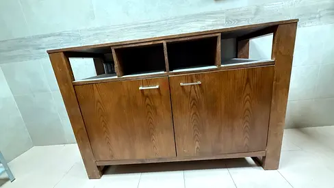 Solid Wood Sideboard Cabinet with Storage Shelves - 2-door Cupboard and 4 Open Compartments on Top.