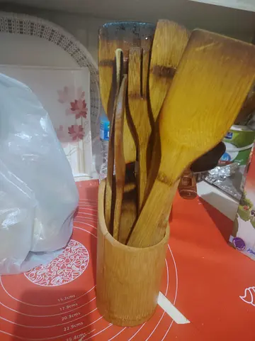 Set of Wooden Cooking Utensils with Holder - Used