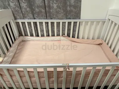 White Baby Crib with Mattress and Bumper - Good Condition for 300