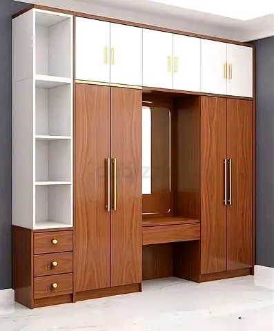 Modern Walnut Built-in Wardrobe with Mirror and Shelves