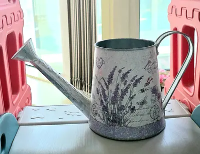 Decorative Lavender-Print Metal Watering Can (Lightly Used)