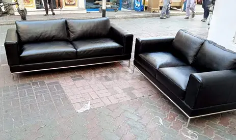 Black Leather 3-seater and 2-seater Sofa Set with Metal Legs