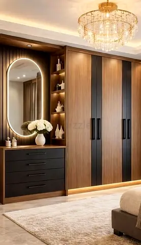 Modern Wooden Wardrobe with Integrated Vanity Mirror and Shelves
