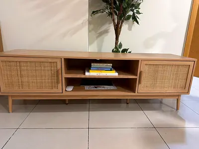 Mid-century TV Cabinet / Media Unit with Rattan Doors - Light Wood