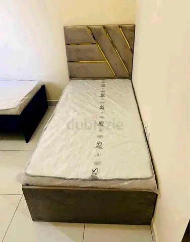 Single bed frame with mattress - grey upholstered headboard