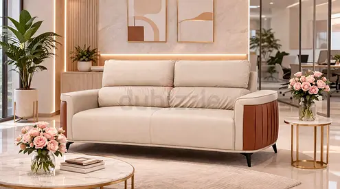 Modern Beige Brown 3 Seater Office Sofa – Leather Reception Sofa for Waiting Area