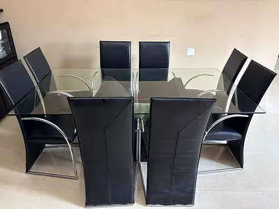 Glass Top Dining Table with 8 Black Leather Chairs - Modern Set
