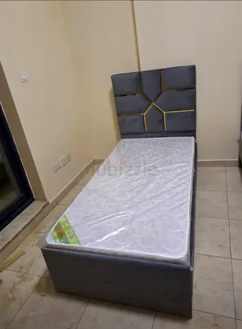 Single bed frame with mattress - grey upholstered, good condition